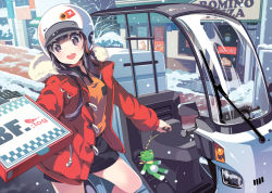 Rule 34 | 1girl, bf. (sogogiching), black eyes, black hair, charm (object), commentary request, helmet, honda, honda gyro canopy, jacket, motor vehicle, original, outdoors, photoshop (medium), pizza box, pizza delivery, red jacket, scooter, smile, snow, snowing, solo, stuffed toy, three-wheeler, vehicle