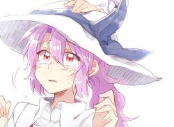 Rule 34 | 2girls, 6 (yuchae), aged down, blush, crying, crying with eyes open, hat, hat ribbon, long hair, multiple girls, out of frame, ponytail, purple hair, red eyes, ribbon, solo focus, tears, touhou, watatsuki no toyohime, watatsuki no yorihime, white background, white hat