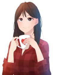 Rule 34 | 1girl, blush, brown eyes, brown hair, cup, heart (symbol), long hair, looking at viewer, operation: true love, red shirt, shim su-ae, shirt, smile, transparent background