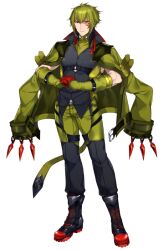 Rule 34 | 1boy, boots, closed mouth, creatures (company), facial mark, full body, game freak, gen 5 pokemon, gloves, green hair, green jacket, haxorus, jacket, jacket on shoulders, katagiri hachigou, male focus, nintendo, open clothes, open jacket, own hands together, personification, pokemon, red eyes, red gloves, short hair, simple background, solo, white background