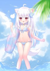 Rule 34 | 1girl, :d, absurdres, ahoge, animal ear fluff, animal ears, bare arms, bare shoulders, bell, bikini, blue bow, blue choker, blue sky, blurry, blurry foreground, blush, bow, choker, cloud, cloudy sky, commentary request, day, depth of field, dog ears, dog girl, dog tail, fang, gluteal fold, hair bow, hair ornament, hairclip, heart, highres, innertube, jingle bell, knees together feet apart, liang feng qui ye, long hair, looking at viewer, navel, neck bell, open mouth, original, outdoors, palm tree, red eyes, silver hair, sky, smack, smile, solo, standing, star (symbol), star hair ornament, striped bikini, striped clothes, swim ring, swimsuit, tail, thigh gap, transparent, tree, very long hair, water, water drop