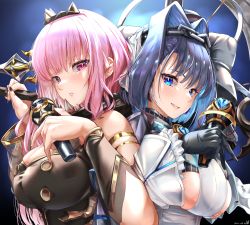 Rule 34 | 2girls, bare shoulders, black gloves, black nails, blue eyes, blue hair, breasts, chain, chain headband, cleavage, commentary request, dainana sugune, fingernails, gloves, hair intakes, head chain, highres, holding, holding microphone, hololive, hololive english, jewelry, large breasts, microphone, mori calliope, multiple girls, nail polish, ouro kronii, pink eyes, pink hair, virtual youtuber