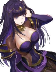Rule 34 | 1girl, blunt bangs, breasts, bride, cleavage, clothed navel, cowboy shot, dress, fire emblem, fire emblem awakening, fire emblem heroes, hair ornament, hand in own hair, highres, kyulog, large breasts, long hair, looking at viewer, navel, nintendo, open mouth, purple eyes, purple hair, simple background, skin tight, solo, tagme, tharja (bridal) (fire emblem), tharja (fire emblem), two side up, wedding dress, white background