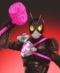 Rule 34 | 1boy, absurdres, armor, black armor, black background, black bodysuit, bodysuit, bug, company connection, cycloneactionx, gradient background, grasshopper, hammer, highres, holding, holding weapon, in-franchise crossover, insect, kamen rider, kamen rider black sun, kamen rider black sun (character), kamen rider geats (series), looking at viewer, male focus, minami koutarou (black sun), raise hammer, red background, single shoulder pad, twitter username, two-tone background, upper body, weapon