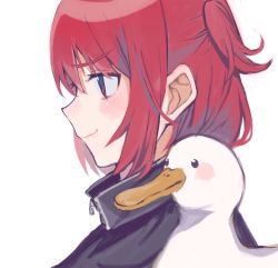 Rule 34 | 1girl, animal, bird, black shirt, commentary request, duck, from side, heremia, highres, looking away, original, profile, red eyes, red hair, shirt, simple background, solo, two side up, upper body, white background
