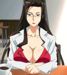 Rule 34 | 00s, 1girl, breast rest, breasts, cleavage, dragonaut, glasses, highres, huge breasts, kitajima yuuri, long hair, screencap, serious, solo, stitched, third-party edit