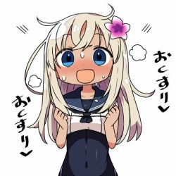 Rule 34 | 10s, 1girl, blonde hair, blue eyes, clenched hands, commentary request, covered navel, flower, hair flower, hair ornament, kanikama, kantai collection, long hair, looking at viewer, lowres, messy hair, one-piece swimsuit, open mouth, ro-500 (kancolle), sailor collar, school swimsuit, simple background, solo, sweat, swimsuit, swimsuit under clothes, tan, tanline, translated, upper body, white background