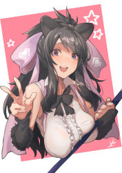 Rule 34 | 1girl, absurdres, animal ears, bare shoulders, bear ears, bergman&#039;s bear (kemono friends), black bow, black bowtie, black hair, bow, bowtie, bracer, breast pocket, breast press, breasts, center frills, collared shirt, covered erect nipples, cropped torso, empty eyes, frills, hair bow, hand up, highres, holding, holding weapon, huge bow, iparupua, kemono friends, large breasts, long hair, looking at viewer, open mouth, pink bow, pocket, purple eyes, shiny skin, shirt, skindentation, sleeveless, sleeveless shirt, smile, solo, unaligned breasts, upper body, v, very long hair, weapon, white shirt