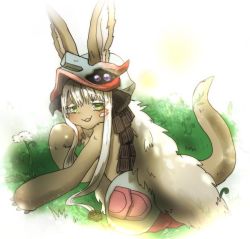 Rule 34 | 1girl, :3, blush, commentary request, ears through headwear, flower, furry, furry female, grass, green eyes, hat, head rest, horns, long hair, looking at viewer, lying, made in abyss, nanachi (made in abyss), on side, pants, parted lips, piko (0 ppqq 0), smile, solo, topless, whiskers, white hair