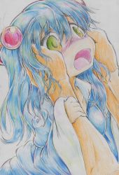 Rule 34 | 1girl, absurdres, bad id, bad pixiv id, blue hair, blush, colored pencil (medium), commentary request, green eyes, hair bobbles, hair ornament, hands on another&#039;s cheeks, hands on another&#039;s face, highres, imminent kiss, kawashiro nitori, kitazinger, long sleeves, open mouth, pov, pov hands, shirt, skirt, touhou, traditional media, two side up, wide sleeves