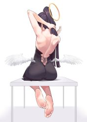 Rule 34 | 1girl, absurdres, adjusting hair, ass, back, backless dress, backless outfit, bare arms, barefoot, black dress, black hair, dress, feet, from behind, halo, highres, hololive, hololive english, long hair, low wings, nail polish, ninomae ina&#039;nis, ninomae ina&#039;nis (1st costume), pompmaker1, purple nails, sitting, soles, solo, toenail polish, toenails, toes, virtual youtuber, white background, white wings, wings