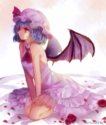 Rule 34 | 1girl, ascot, bare shoulders, bat wings, bed sheet, brooch, dress, expressionless, flower, from side, hat, hat ribbon, jewelry, light purple hair, looking away, m (neteitai10), mob cap, pink dress, red eyes, red flower, red rose, remilia scarlet, ribbon, rose, seiza, short hair, sitting, sleeveless, sleeveless dress, solo, touhou, wings