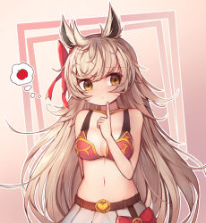 Rule 34 | 1girl, animal ears, apple, armor, bad id, bad pixiv id, bare shoulders, belt, breasts, brown belt, bustier, cleavage, food, fruit, gem, hair between eyes, hair ribbon, heart belt, highres, index finger raised, large breasts, lima (princess connect!), lima (princess connect), long hair, looking away, looking to the side, navel, pleated skirt, princess connect!, red ribbon, ribbon, skirt, solo, stomach, thought bubble, very long hair, vgb0568, white hair, white skirt, yellow eyes