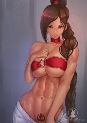 Rule 34 | 1girl, abs, artist name, avatar: the last airbender, avatar legends, bandeau, bare shoulders, braid, braided ponytail, breasts, brown eyes, brown hair, choker, cleavage, cowboy shot, highres, impaling poetry, large breasts, long hair, looking at viewer, midriff, navel, o-ring, o-ring top, pubic tattoo, red choker, single braid, solo, tattoo, ty lee, very long hair