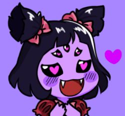 Rule 34 | 1girl, arthropod girl, bad id, bad pixiv id, black eyes, black hair, blush, blush stickers, bow, chibi, colored skin, extra eyes, fangs, gyate gyate, hair bow, half-closed eyes, hands on own chest, heart, heart-shaped pupils, insect girl, lowered eyelids, lowres, monster, monster girl, muffet, open mouth, portrait, puffy sleeves, purple background, purple skin, purple theme, short twintails, simple background, smile, solo, spider girl, symbol-shaped pupils, twintails, two side up, undertale, upper body, yaruky