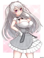 Rule 34 | 1girl, armpit cutout, breasts, cleavage cutout, clothing cutout, commentary request, commission, conte di cavour (kancolle), conte di cavour nuovo (kancolle), corset, daichi (daiti1318), dress, frilled dress, frills, gloves, grey hair, hand on own hip, highres, kantai collection, large breasts, layered dress, long hair, long sleeves, looking at viewer, pixiv commission, purple eyes, solo, standing, two-tone dress, two side up, white dress, white gloves