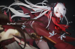 Rule 34 | 2girls, artist name, bare shoulders, black hair, character name, china dress, chinese clothes, colored inner hair, detached sleeves, dress, grey hair, headphones, heterochromia, highres, holding, holding sword, holding weapon, jacket, kampher (yekxiong), katana, long hair, looking at viewer, lucia: crimson abyss (punishing: gray raven), lucia (punishing: gray raven), multicolored hair, multiple girls, punishing: gray raven, red eyes, red hair, red jacket, red scarf, scarf, sheath, sheathed, sword, weapon, white hair