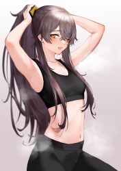 Rule 34 | 1girl, 3 small spiders, absurdres, adjusting hair, alternate costume, armpits, breasts, brown eyes, crossed legs, girls&#039; frontline, grey hair, hands up, high ponytail, highres, long hair, navel, one eye closed, pants, scar, scar across eye, scar on face, sitting, small breasts, solo, sports bra, sportswear, stomach, sweat, ump45 (girls&#039; frontline), yoga pants