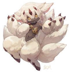 Rule 34 | 1girl, abuku, animal ears, body fur, claws, faputa, full body, hair between eyes, horns, looking at viewer, made in abyss, multiple horns, multiple tails, navel, orange eyes, parted lips, red horns, sharp teeth, signature, solo, tail, teeth, white background, white fur, white hair