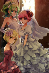Rule 34 | 3girls, bad id, bad pixiv id, bleach, blonde hair, bow, brown eyes, brown ribbon, candice catnipp, character request, collarbone, detached sleeves, dress, elbow gloves, flower, gloves, green eyes, green hair, hair between eyes, hair bow, hair flower, hair ornament, high ponytail, jewelry, layered dress, lens flare, liltotto lamperd, long dress, long hair, long sleeves, looking at viewer, meninas mcallon, multiple girls, neck ribbon, necklace, pink hair, red dress, red eyes, red flower, red rose, red sleeves, ribbon, rose, short hair, short sleeves, sleeveless, sleeveless dress, sparkle, striped clothes, striped dress, umi (pixiv6861961), wedding dress, white bow, white dress, white gloves