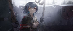 Rule 34 | 1girl, 6+others, absurdres, ambiguous gender, armband, belt, blood, blood on face, blue hair, bolt action, bound, bound wrists, brown jacket, chinese commentary, commentary request, crying, crying with eyes open, execution, gun, highres, holding, holding gun, holding weapon, jacket, long sleeves, mauser 98, multiple others, noose, original, outdoors, parted lips, qingfeng canying, red armband, rifle, shirt, short hair, snowing, tears, torn clothes, weapon, weapon request, white shirt, yellow eyes