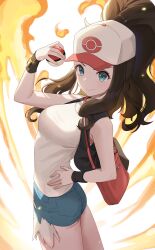 Rule 34 | 1girl, absurdres, ass, bag, bare arms, baseball cap, black vest, blue eyes, breasts, brown hair, closed mouth, creatures (company), denim, denim shorts, dot nose, fire, from side, game freak, hand on own hip, hand up, handbag, hat, high ponytail, highres, hilda (pokemon), holding, holding poke ball, long hair, looking at viewer, looking to the side, medium breasts, nintendo, poke ball, poke ball (basic), poke ball print, pokemon, pokemon bw, print headwear, rinrasetsu, short shorts, shorts, sidelocks, smile, solo, tank top, thighs, v-shaped eyebrows, vest, white tank top, wristband