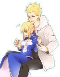Rule 34 | 1boy, 1girl, ahoge, artoria pendragon (all), artoria pendragon (fate), blonde hair, coat, earrings, fate/stay night, fate (series), gilgamesh (fate), green eyes, ha84no, hair ribbon, height difference, jewelry, official alternate costume, open mouth, red eyes, ribbon, saber (fate), short hair, simple background, smile, white background