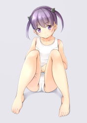 Rule 34 | 1girl, barefoot, cat hair ornament, feet, grey background, hair ornament, highres, looking at viewer, one-piece swimsuit, original, purple eyes, purple hair, school swimsuit, shibacha (shibacha 0728), short hair, simple background, sitting, solo, swimsuit, toes, twintails, white school swimsuit, white one-piece swimsuit