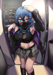 Rule 34 | 1girl, aqua eyes, blue eyes, blue hair, blush, boots, breasts, cleavage, cleavage cutout, clothing cutout, cross-laced footwear, door, ear piercing, embarrassed, female focus, hair between eyes, highres, indoors, jacket, jewelry, large breasts, legs, long hair, looking at viewer, midriff, mouth mask, nail polish, navel, original, piercing, ring, shoushin gal wo netotte haramasetai!!, skirt, solo, standing, surgical mask, thighs, tonosama penguin, wedding band