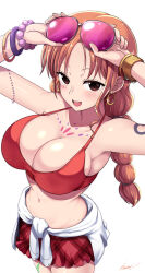 Rule 34 | 1girl, :d, adjusting goggles, arms up, bare shoulders, bikini, blush, bodypaint, braid, breasts, brown eyes, cleavage, clothes around waist, cowboy shot, earrings, eyewear on head, facepaint, from above, highres, jewelry, kasai shin, large breasts, long hair, looking at viewer, microskirt, midriff, nami (one piece), navel, one piece, one piece film: red, open mouth, orange eyes, orange hair, plaid, plaid skirt, red bikini, red skirt, shirt, shirt around waist, shoulder tattoo, simple background, skirt, smile, solo, sunglasses, swimsuit, tattoo, twin braids, twintails, white shirt, wristband