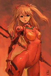 Rule 34 | 1girl, bad id, bad pixiv id, bident, blue eyes, brown hair, cowboy shot, dated, hair between eyes, hand on own thigh, kizhod, lance of longinus (evangelion), long hair, neon genesis evangelion, parted bangs, plugsuit, polearm, skin tight, solo, souryuu asuka langley, standing, twintails, two side up, weapon