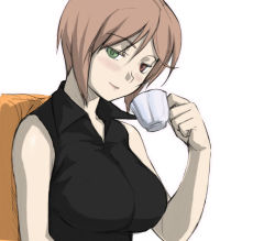 Rule 34 | 00s, 1girl, blush, breasts, brown hair, collared shirt, cup, heterochromia, holding, holding cup, rozen maiden, shirt, short hair, sleeveless, solo, souseiseki, straightchromia, tea, teacup