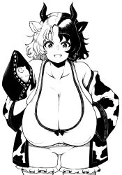 Rule 34 | 1girl, absurdres, animal ears, animal print, breasts, cleavage, cow ears, cow horns, cow print, frilled shorts, frills, haori, highres, himajin noizu, horns, huge breasts, japanese clothes, leaning forward, looking at viewer, monochrome, multicolored hair, short hair, shorts, simple background, solo, split-color hair, statue, teeth, touhou, ushizaki urumi