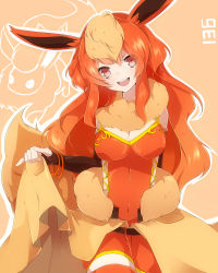 Rule 34 | 1girl, animal ears, black gloves, blush, breasts, brown hair, clothes lift, creatures (company), elbow gloves, fingerless gloves, flareon, fur, game freak, gen 1 pokemon, gloves, head tilt, highres, long hair, looking at viewer, multicolored hair, nintendo, open mouth, personification, pink eyes, pinky out, pokedex number, pokemon, red hair, red thighhighs, skirt, skirt lift, smile, solo, thighhighs, two-tone hair, zinpati