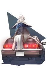 Rule 34 | 1girl, blue eyes, blue hair, blue skin, car, colored skin, commission, doll joints, elden ring, full body, hat, highres, honda accord, joints, long hair, motor vehicle, on vehicle, one eye closed, patatatan, ranni the witch, sitting on car, solo, vehicle focus, witch hat