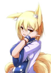 Rule 34 | 1girl, animal ears, bad id, bad twitter id, blonde hair, breasts, dress, fox ears, fox girl, fox tail, from side, ruffling hair, hand on own hip, impossible clothes, large breasts, looking at viewer, merry (diameri), multiple tails, no headwear, no headwear, short hair, solo, tabard, tail, touhou, white dress, yakumo ran, yellow eyes
