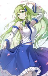Rule 34 | 1girl, absurdres, arm up, bare shoulders, blue skirt, blush, closed mouth, collared shirt, commentary request, cowboy shot, detached sleeves, falling petals, frilled skirt, frills, frog hair ornament, green eyes, green hair, hair ornament, highres, kochiya sanae, long hair, long sleeves, looking at viewer, midriff peek, navel, petals, rei yagami, ribbon-trimmed sleeves, ribbon trim, shirt, single hair tube, skirt, skirt hold, sleeveless, sleeveless shirt, smile, snake hair ornament, solo, standing, touhou, white background, white shirt, white sleeves, wind