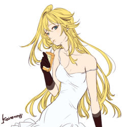 Rule 34 | 1girl, arm support, bad id, bad pixiv id, bare shoulders, blonde hair, blue eyes, dress, drink, drinking straw, elbow gloves, gloves, head tilt, iwamoto zerogo, long hair, magami series, off shoulder, signature, simple background, solo