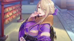 Rule 34 | 1girl, absurdres, action taimanin, alternate costume, artist request, blonde hair, breasts, day, game cg, green eyes, high heels, highres, japanese clothes, kimono, large breasts, lilith-soft, long hair, nail polish, official art, sano toshihide, simple background, solo, standing, taimanin (series), tekkain kaworu (taimanin asagi battle arena)