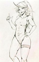 Rule 34 | 1girl, abs, breasts, commentary request, competition swimsuit, covered abs, covered navel, d-m (dii emu), fangs, greyscale, hand on own hip, horns, leg strap, long hair, looking at viewer, medium breasts, monochrome, one-piece swimsuit, open mouth, pointing, pointing up, ponytail, single horn, swimsuit, thigh strap, touhou, traditional media