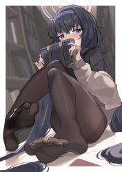 Rule 34 | 1girl, black hair, black pantyhose, black shirt, blue archive, blue hairband, blurry, blurry background, blush, book, bookshelf, cardigan, chikoku, covered mouth, feet, foot focus, grey cardigan, hairband, halo, highres, knees up, library, long hair, looking at viewer, no shoes, on floor, pantyhose, shirt, sitting, soles, solo, toes, ui (blue archive), very long hair