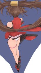 Rule 34 | 1girl, absurdres, ankle boots, ass, bare shoulders, boots, brown hair, china dress, chinese clothes, commentary request, dress, frills, from behind, full body, guilty gear, hair ornament, high heels, highres, kuradoberi jam, long hair, musaki (msaki666), panties, red dress, red footwear, short dress, simple background, solo, standing, thigh strap, thighs, turtleneck, underwear, very long hair, white panties, wide sleeves