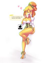 Rule 34 | 1girl, animal crossing, blonde hair, bow, breasts, cleavage, dog, dog girl, dress, earrings, english text, feet, furry, furry female, hair bow, high heels, highres, hoop earrings, huge breasts, isabelle (animal crossing), jewelry, large breasts, linkartoon, minidress, nintendo, saliva, sandals, tail, toes, tongue, tongue out
