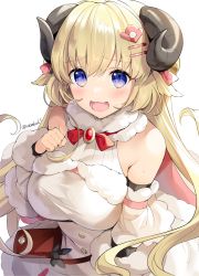 Rule 34 | 1girl, akamoku, blonde hair, breasts, detached sleeves, dress, hair ornament, hairclip, highres, hololive, horns, large breasts, purple eyes, sheep girl, sheep horns, solo, tsunomaki watame, twitter username, two-sided fabric, virtual youtuber, white background, white dress