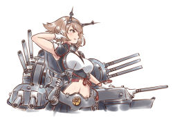 Rule 34 | armpits, black skirt, breasts, brown eyes, brown hair, from side, gloves, headgear, kantai collection, karasu (naoshow357), large breasts, looking to the side, machinery, midriff, miniskirt, mutsu (kancolle), mutsu kai ni (kancolle), navel, short hair, simple background, skirt, solo, turret, upper body, white background, white gloves