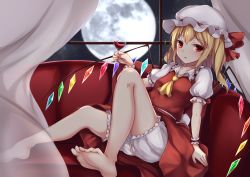 Rule 34 | 1girl, :d, arm support, bare legs, barefoot, blonde hair, blush, commentary request, couch, crystal, cup, drinking glass, fang, feet, flandre scarlet, full body, full moon, hat, hat ribbon, highres, holding, holding cup, kashiwagi yamine, knee up, legs, looking at viewer, md5 mismatch, medium hair, mob cap, moon, night, on couch, open mouth, puffy short sleeves, puffy sleeves, red eyes, red ribbon, red skirt, red vest, resolution mismatch, ribbon, short sleeves, sitting, skirt, sky, smile, solo, source larger, star (sky), starry sky, touhou, vampire, vest, wine glass, wings