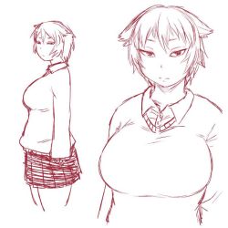 Rule 34 | 1girl, :|, breasts, closed mouth, collared shirt, fuchibeppu chiyuri, hair flaps, half-closed eyes, huge breasts, jitome, looking at viewer, monochrome, original, plump, pointy hair, serious, shirt, short hair, skirt, solo, sweater vest, thick thighs, thighs, tsukudani (coke-buta)