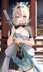 Rule 34 | 1girl, aqua eyes, blonde hair, blurry, blurry background, blush, breasts, chest sarashi, commentary request, covered navel, cowboy shot, crossed bangs, hair ornament, hakama, hakama short skirt, hakama skirt, haori, highres, holding, holding sword, holding weapon, hololive, japanese clothes, katana, kazama iroha, leaf hair ornament, looking at viewer, night, off shoulder, open mouth, outdoors, pleated skirt, sarashi, short hair, shrug (clothing), skirt, small breasts, smile, solo, sword, thomas 8000, virtual youtuber, weapon