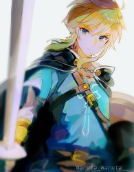 Rule 34 | 1boy, artist name, black cape, blonde hair, blue eyes, blue shirt, cape, earrings, highres, holding, holding sword, holding weapon, jewelry, link, looking at viewer, maruta maruta, nintendo, pointy ears, shirt, simple background, solo, sword, the legend of zelda, the legend of zelda: breath of the wild, upper body, weapon, white background