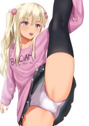 Rule 34 | 1girl, black skirt, black thighhighs, blonde hair, blue eyes, blush, bow, collarbone, fingernails, grecale (kancolle), hair bow, highres, kantai collection, kneepits, long hair, long sleeves, open mouth, panties, pink bow, pink shirt, pleated skirt, shirt, simple background, skirt, smile, solo, split, standing, standing on one leg, standing split, thighhighs, underwear, white background, white panties, zuki